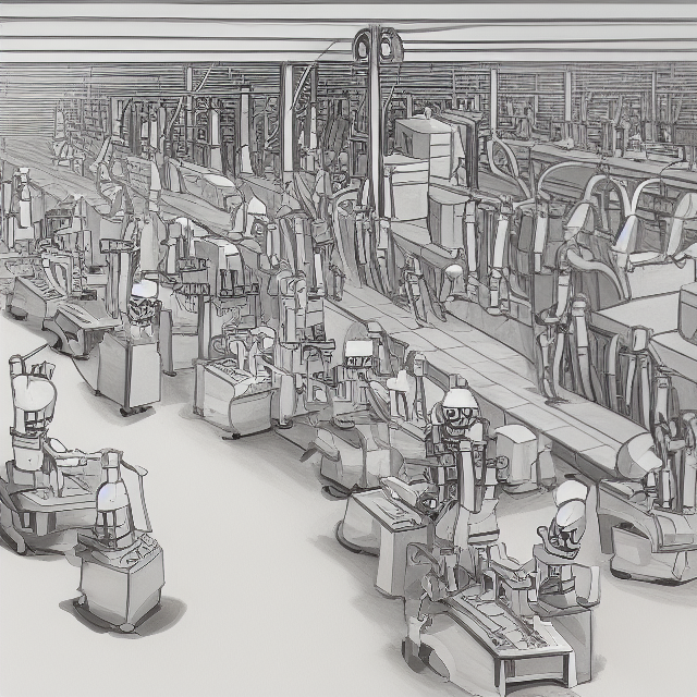 a drawing of a factory production working managing a host of robots on s3806556256 st25 g7.5