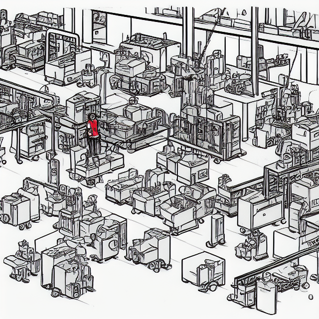 a drawing of a factory production working managing a host of robots on s3806556257 st25 g7.5